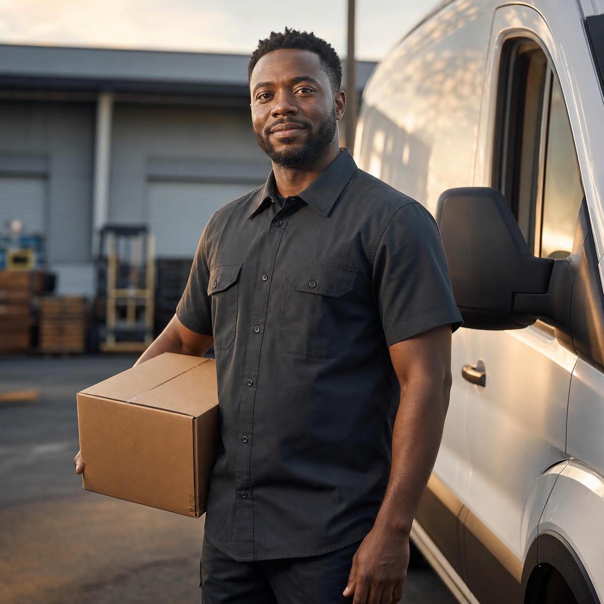 Professional delivery driver standing beside a cargo van at a logistics dispatch yard