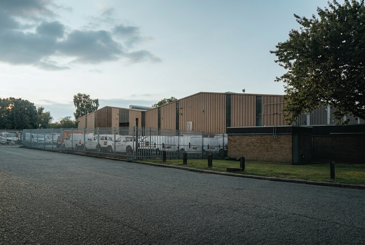 Fleet of unbranded white cargo vans staged at a distribution facility at dawn