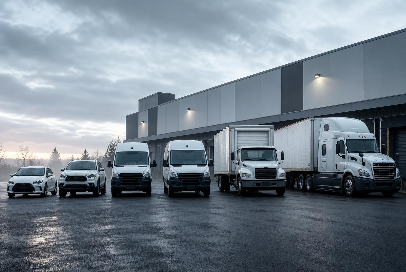 Lineup of unbranded delivery vehicles — cars, SUVs, cargo vans, box truck, and semi — staged at a logistics dispatch yard